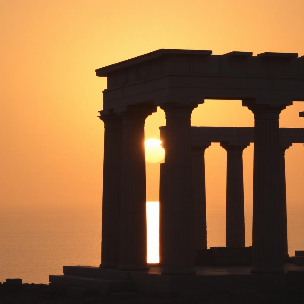 Temple of Poseidon at Cape Sounio silhouetted against the sunset