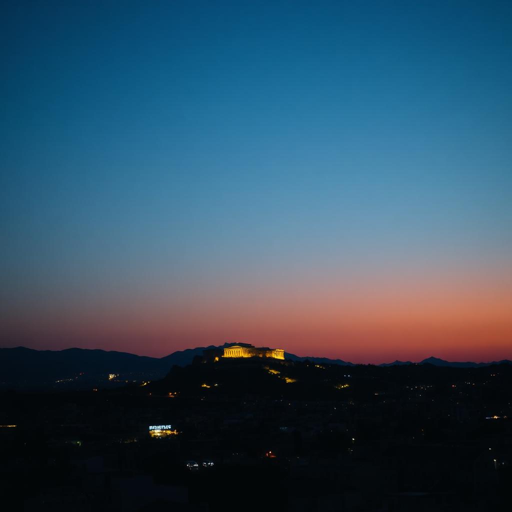 Athens skyline at dusk with the Acropolis lit on the hill