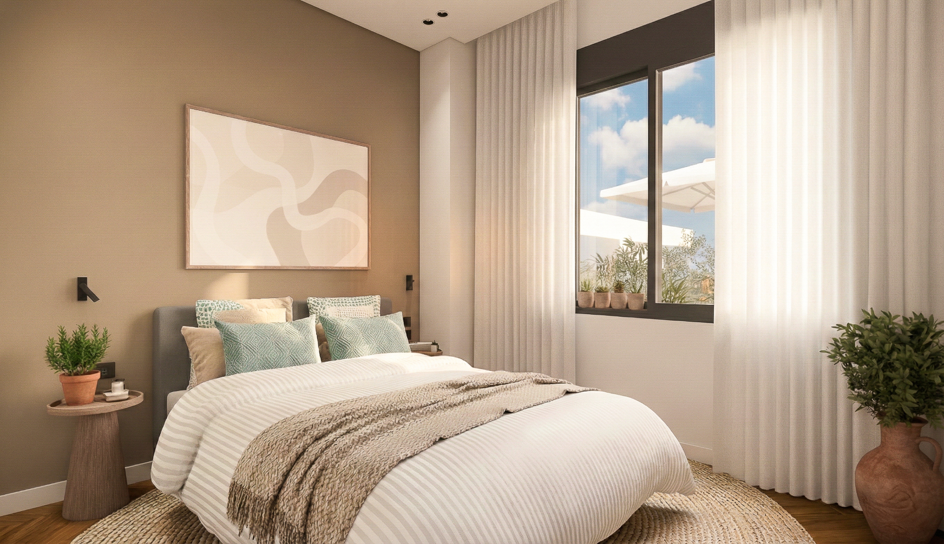 Master bedroom with large window and balcony view