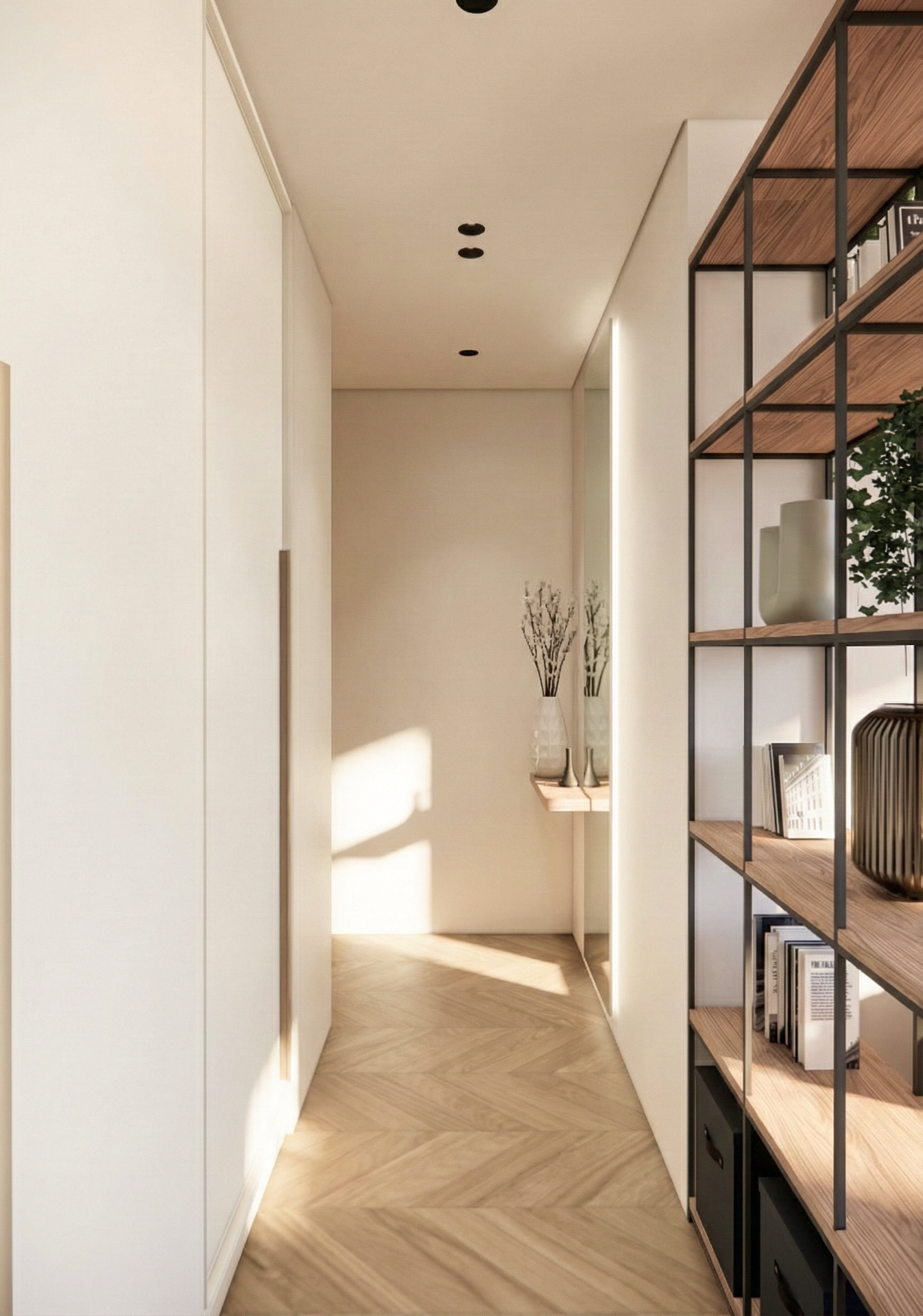 Corridor with built-in shelving and oak flooring