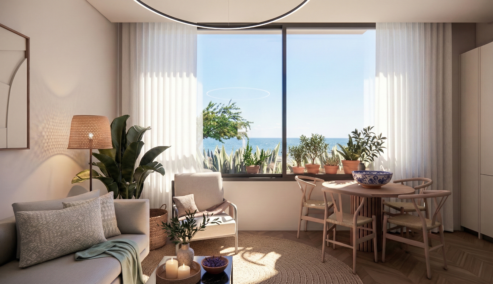 Living room with sea-view dining area
