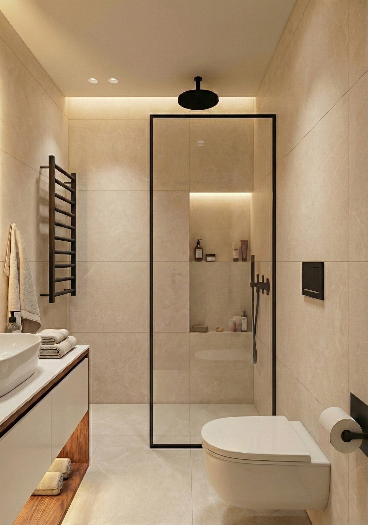 Bathroom with walk-in rain shower and matte-black fixtures