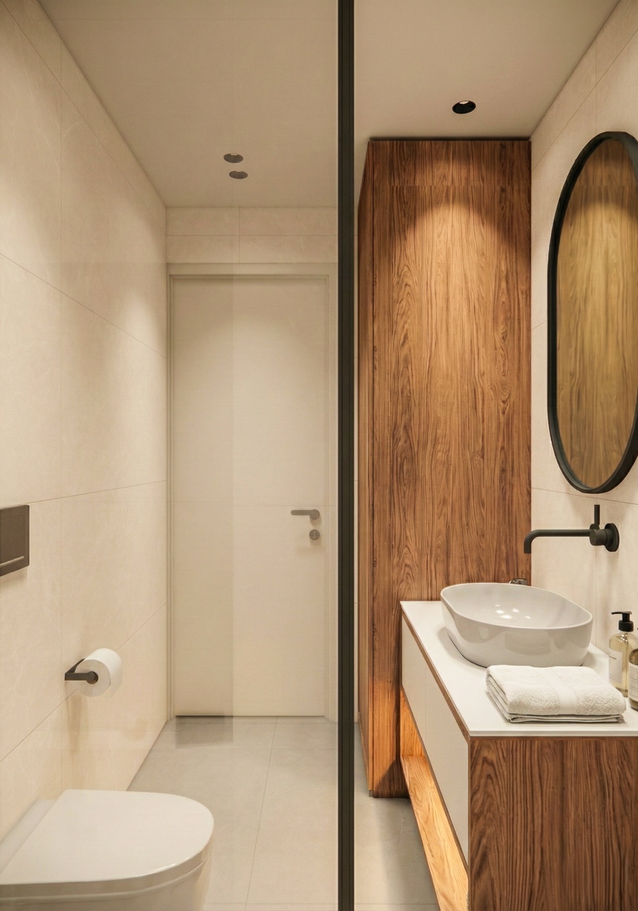 Bathroom vanity with timber cabinetry and round mirror