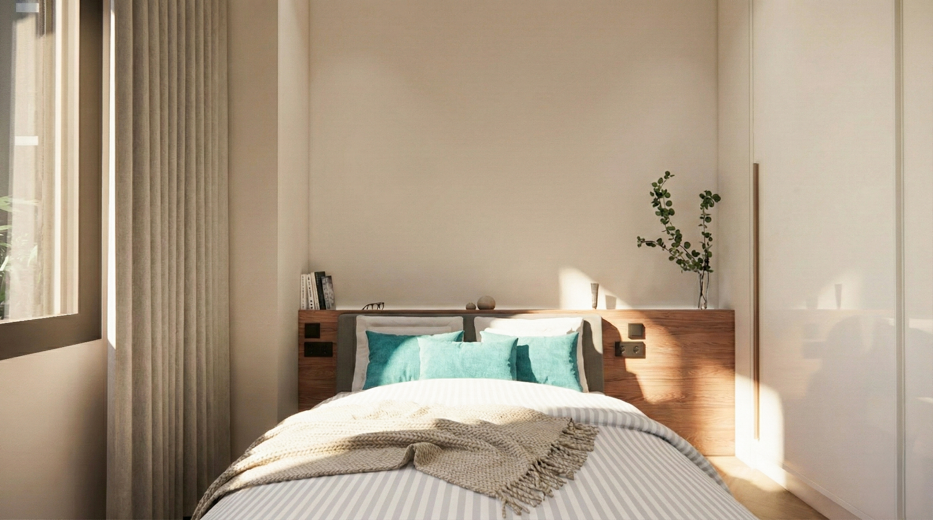 Second bedroom with timber headboard